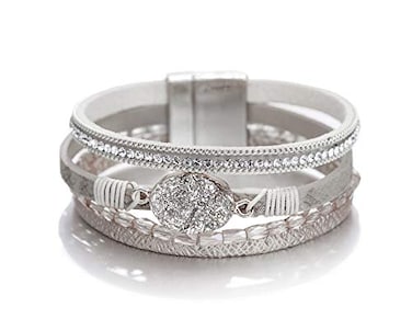 Fesciory Leopard Bracelet for Women, Boho Leather Wrap Multi-Layer Pearl Crystal Bracelet Bangle Jewelry(Silver Stone(Short))