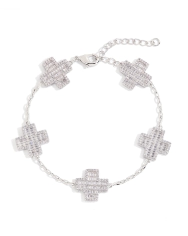 Iced Out 5A Cubic Zirconia Five-Flower Lucky Bracelet, Adjustable Chain Bracelet Dainty Four Leaf Clover Bracelets For Women Trendy, White Gold Plated Stack Bracelets (Silver- Cross, 7 Inch)