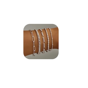 Poxtex Silver Bracelets for Women, Dainty Sterling Silver Bracelets for Women Trendy, Silver Stackable Bracelets Waterproof Jewelry for Women, Classic &amp; Simple Bracelet Set with Cuban Paperclip Figaro