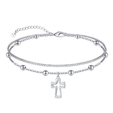 Cross Anklet 925 Sterling Silver Ankle Bracelet for Women Dainty Small Cross Layered Foot Chain Anklet Bracelet Simple Beach Christian Cross Anklet Jewelry