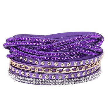 Long tiantian Leather Wrap Bracelet for Women Crystal Multilayer Leather Bracelets Boho Rhinestone Leather Cuff Bracelet with Snap Buttons for Mother Wife s（purple）