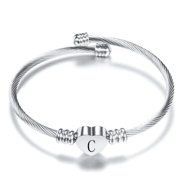 MiniJewelry Initial C Silver Heart Bangle Cuff Bracelet for Women Alphabet Letter Name Stainless Steel