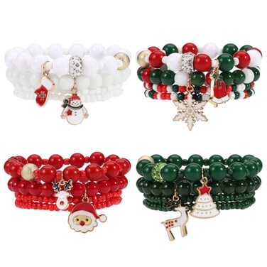 Budsmile 4 Set Christmas Beaded Stretch Bracelets Elk Snowman Bell Snowflake Stanta Hat Xmas Tree Friendship Jewelry Merry Christmas Jewelry