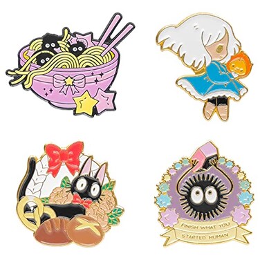 Cute Enamel Pins for Backpacks, Kawaii Anime Soot Sprites Cat Frog Cartoon Pins for Kids, Lapel Pin Set Badges for DIY Clothing Bags Jackets Jewelry Accessory Decoration Gift (4 Pieces Cat &amp; Girls)