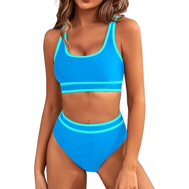 IKADEX Women High Waist Bikini Set Color Block Sporty Two Piece Swimsuit Tummy Control Bathing Suit Blue S
