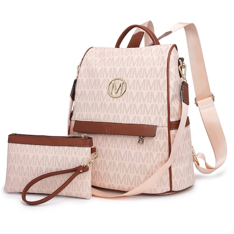 MKP Women Fashion Backpack Purse Multi Pockets Signature Anti-Theft Rucksack Travel Ladies Shoulder Bag Handbag 2Pcs