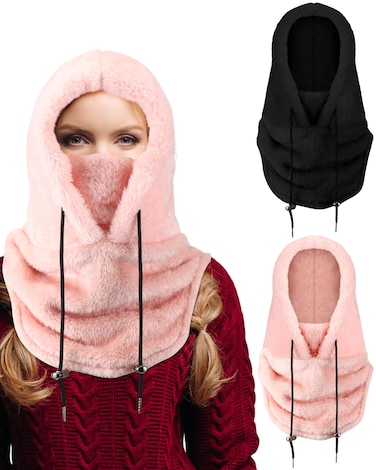 Liitrsh 2 Pcs Balaclava Fleece Ski Winter Face Mask for Men Women Cold Weather Sherpa Fleece Hood Wind Resistant Cap Scarf(Pink, Black)