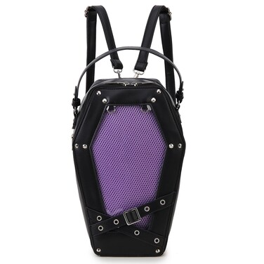 ENJOININ Gothic Black Coffin Shaped Ita Bag Backpack Halloween Purses and Handbags Women Crossbody Bag With 3 Inserts Pin Display Bag for Anime Detachable Shoulder Strap