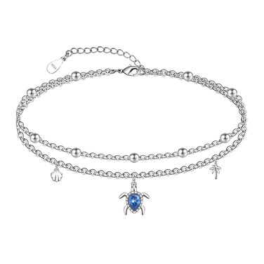 CHIC &amp; ARTSY Sea Turtle Anklet 925 Sterling Silver Sea Turtle Anklet Blue Cz Turtle Anklet Cute Turtle Anklets for Women Beach Layered Ankle Bracelets Adjustable Animal Anklet Bracelet