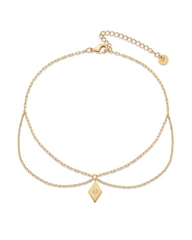 PAVOI 14K Yellow Gold Plated Draped Chain Anklet With Charm for Women   Dainty Anklet with Cubic Zirconia Stone Pendant