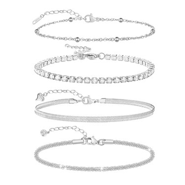 JYUEDA Layered Tennis Silver Anklet for Women,Beaded Snake Chain Link Anklets Set Ankle Bracelets for Women Waterproof Beach Summer Jewelry Gift