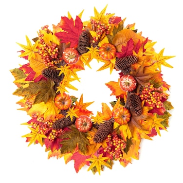 Rocinha Fall Wreaths Decorations Autumn Wreath Maples Leaf Pumpkin Pine Cone Berry Thanksgiving Harvest Outdoor Indoor Window Wall Front Door Outside Home (Maple Leaves &amp; Pumpkins Wreath)