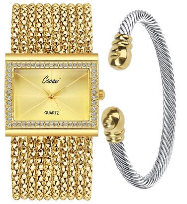 Gosasa Women's Gold Silver-Tone Multi-Chain Bracelet Watch Lady Female Dress Analog Quartz Wrist Watches with Cuff Bangle Stainless Steel Bracelets Set (A2 - Gold)