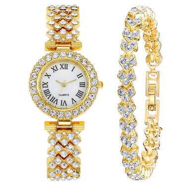 Weicam Elegant Women Crystal Bangle Analog Quartz Wristwatch (Gold)
