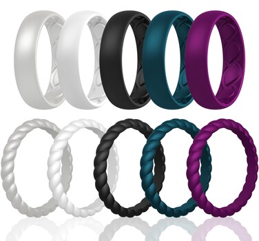 Saco Band Silicone Ring Wedding Band for Women - 10 Pack Ring Set (White, Black, Pearl Silver A, Dark Teal B, Purple 2613 - Size 9.5-10 (19.80mm))
