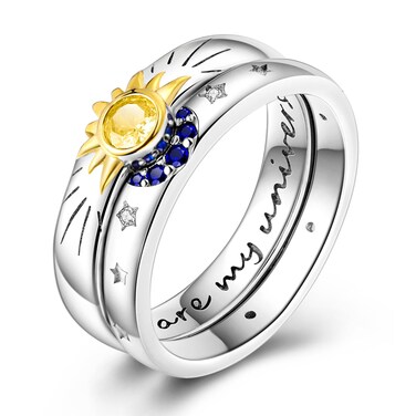 Hapour Selestial Sun and Moon Ring Set, Sterling Silver Moon Jewelry Stackable Celestial Rings, Friendship Promise Ring, Gift for Her Women, Ring Size 7