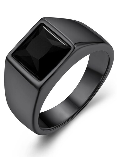 Diamond Cut Black Stone Rings For Women, Stainless Steel Dark Onxy Pinky Ring Size 8