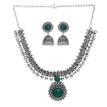 Jwellmart Indian Oxidized German Silver Stone Work Statement Choker Necklace Earrings Combo Fashion Jewelry Set for Women (Green)