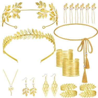 JenPen 15 Pcs Greek Goddess Costume Accessories Set Golden Leaf Crown Upper Arm Cuff Coil Bracelet Hair Headpiece Artificial Leaf Drop Earrings Necklace Toga Waist Belt for Women (Elegant)