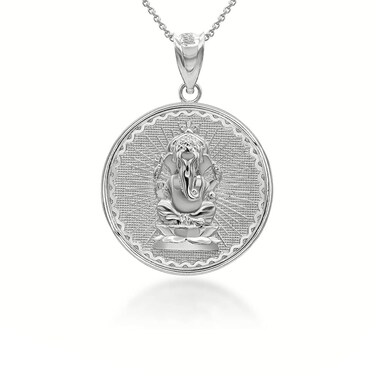 .925 Sterling Silver Round Lord Ganesh Ganesha Hindu God Medallion Pendant Necklace, 18