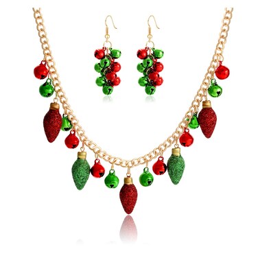 YAHPERN Christmas Necklaces For Women X-Mas Jingle Bell Light Bulbs Chunky Collar Necklaces Jingle Bell Drop Dangle Earrings Set Holiday Gift (Light Bulbs)