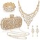 Quelay 4 Pcs Purse Rhinestone Jewelry Set Evening Clutch Bag Bling Crystal Necklace Dangle Earrings Bracelets Accessories(Gold,Vintage Style)