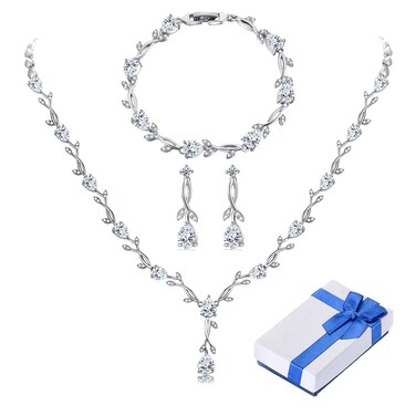 Wedding Jewelry Set for Bride Bridal Jewelry Set for Wedding Cubic Zirconia Necklace Earrings Bracelet Sets for Bride Silver Jewelry Set for Women Bridesmaid Jewelry Set for Wedding Costume Jewelry