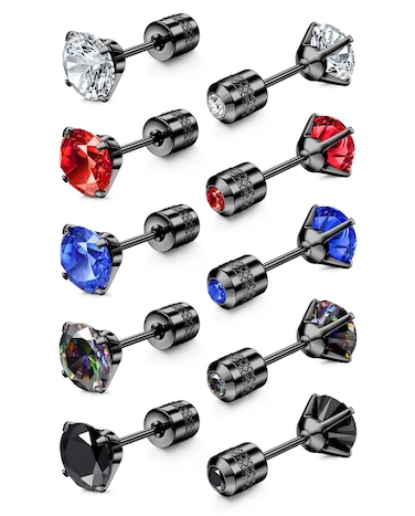 CASSIECA 5 Pairs Surgical Steel Screw Back Stainless Steel Stud Earrings for Women Men, Rainbow 5A Cubic Zirconia Sleeper Studs Hypoallergenic Earrings for Sensitive Ears 6mm