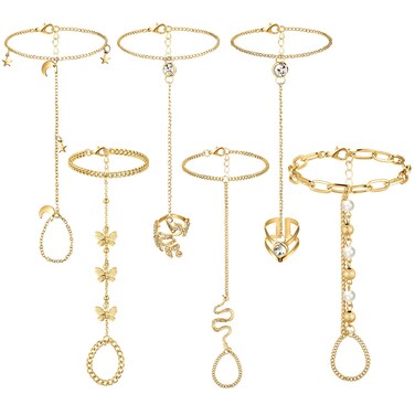 6 Pieces Finger Ring Bracelet Linked Rhinestone Hand Harness Chain Slave Bracelet with Ring Everyday Jewelry for Women Girls (Bright)