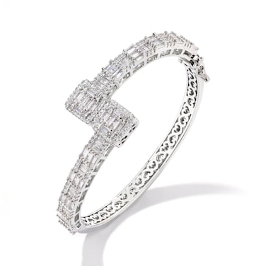 Lulu Mel Iced Out Baguette Diamond Bracelet Jewelry for Women, Hip Hop Mens 14k Gold Silver Plated Cubic Zirconia Bangle Bracelet, Men Heart Cuff Bracelet With Jewelry Box (Silver, 8inch)