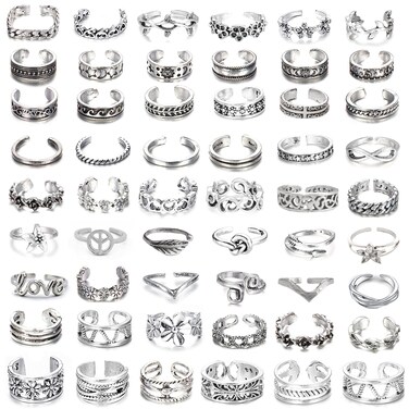 MJust 54Pcs Open Toe Rings Set for Women Men Adjustable Vintage Retro Knuckle Ring Toe Finger Tail Ring Beach Foot Jewelry (54Pcs)