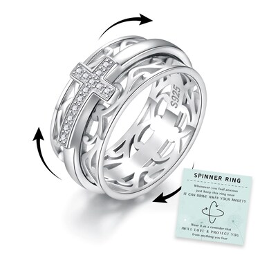 925 Sterling Silver Cross Spinner Ring Fidget Spinning Band Rings for Women Mom Daughter (11)