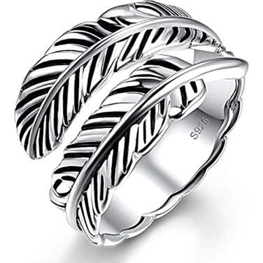 AVECON 925 Sterling Silver Ring Adjustable Feather Ring Stacking Ring Vintage Statement Ring for Women &amp; Men