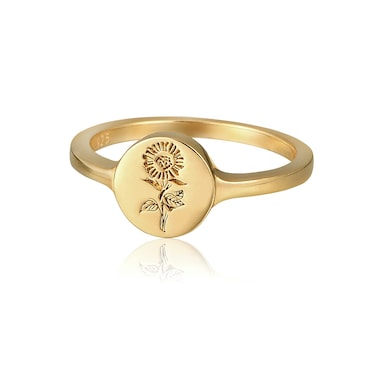 YeGieonr 18K Gold Plated Sterling Silver Rings for Women, Handmade Engraved Sunflower Flower Signet Rings Minimalistic Statement Ring, Delicate Jewelry Gift for Women