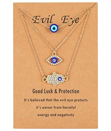 Baydurcan Gold Dainty Evil Eye Necklace and Hamsa Necklace Turkish Blue Eye Hand Pendant Necklace 3pcs Lucky Protection Jewelry Gift for Women Teenagers