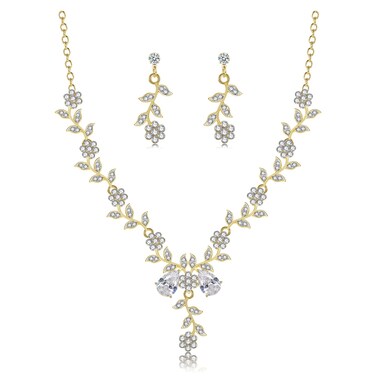Prom Jewelry Set for Women, Necklace Dangle Earrings Set, Gold Plated Jewelry Set with Green Emerald Color Leaf Cluster Flower Crystal, Allergy Free Wedding Party Jewelry for Bridal Bridesmaid
