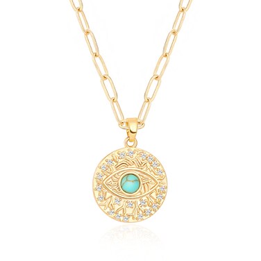 Aobei Pearl Micro Pave CZ Evil Eye Medallion Necklace 18k Gold Paper Clip Chain Coin Pendant Necklace Protection Layering Jewelry for Women 18&rsquo;&rsquo;
