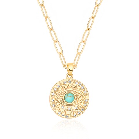 Aobei Pearl Micro Pave CZ Evil Eye Medallion Necklace 18k Gold Paper Clip Chain Coin Pendant Necklace Protection Layering Jewelry for Women 18&rsquo;&rsquo;