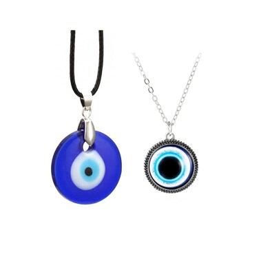 Caiyao 2pcs Evil Eye Pendant Necklace Glass Leather Rope Chain Turkish Protect Lucky Necklace for Women Men-2pcs Silver