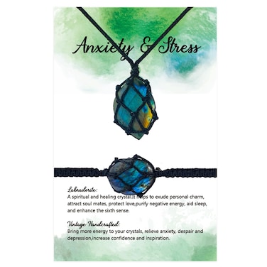 Quelay Healing Crystal Necklace and Bracelet Natural Crystal Necklace Women Necklace Gift with Woven Rope and Card for Women Men(Green,Labradorite)