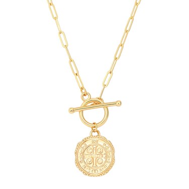 SOFYBJA Saint Benedict Medals Necklace 18K Gold Paperclip Toggle Medallion Coin Cross Pendant Necklaces