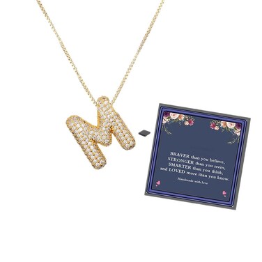 Bubble Letter Necklace Gold For Women, Cubic Zirconia Balloon Initial Alphabet Pendant 18k Gold Plated Dainty Statement Gift Jewelry（Zirconia Gold M）