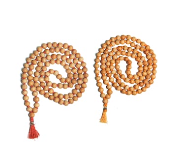 IS4A 8MM TULSI HOLY BASIL PRAYER BEADS JAPA MALA NECKLACE HAND KNOTTED. KARMA (108+1) BEADS. BLESSED &amp; ENERGIZED HINDU TIBETAN BUDDHIST SUBHA ROSARY (Set Of 2 ORANGE &amp; RED)
