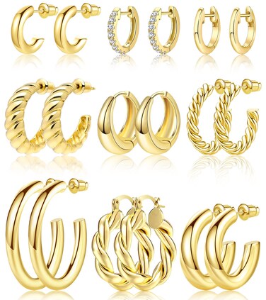Adoyi Gold Hoop Earrings Set for Women Girls Gold Hoops Twisted Huggie Hoops Earrings 14K Plated Gold Hoop Earring Jewelry Set for Women Girl Lightweight 9 Pairs Earring Set Jewelry for Gifts