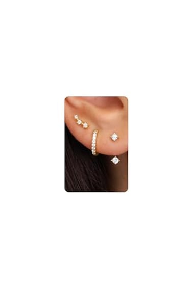 HANCAO 14K Gold Plated Sterling Silver Post   Dainty Earrings Set for Women: Cubic Zirconia Stud Earrings, Jacket Earrings, Ear Climber, Huggie Hoop Earrings for Multiple Piercings (3 Pairs Set)