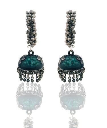Moonstruck Golden Meenakari Jhumkas With White Pearls For Women (Green) (Oxidised Green)
