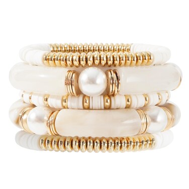 GOOJIDS Bamboo Tube Bangles Bracelet Chunky Curved Stacking Clear Acrylic Colorful Beads Stretchable Friendship Gold Bracelets Gift For Women (A-A1 Ivory set)