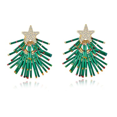 WOWORAMA Green Christmas Tree Earrings for Women Unique Xmas Tree Statement Tassel Earrings Christmas Jewelry for Women