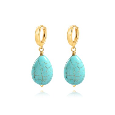 PEARLADA Boho Turquoise Teardrop Dangle Earrings, 18k Gold Huggie Hoop Earrings with Charms, Trendy Turquoise Jewelry for Women