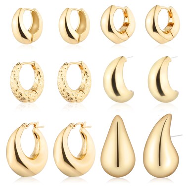 Wgoud 6 Pairs Gold Hoop Earrings Set for Women, 14K Gold Plated Hypoallergenic Lightweight Chunky Open Huggie Hoops Earrings Jewelry for Gift. (6 gold hoops set)